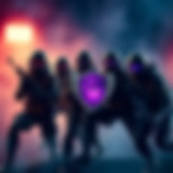 Six players in an 8-man team compete for a shimmering purple prize