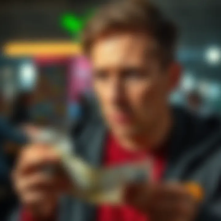 A thoughtful person looking at a lottery ticket, contemplating the uncertainty of winning big prizes, with a questioning expression on their face.