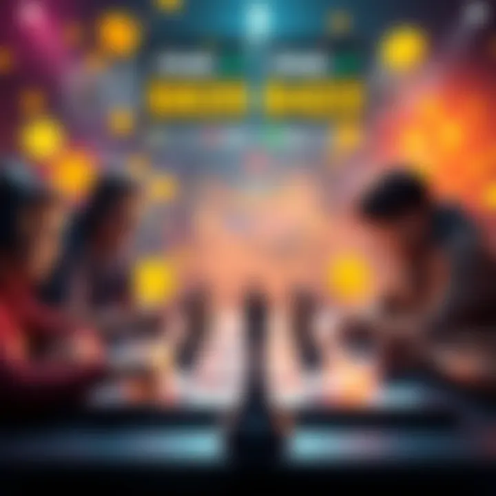 A graphic showing players competing in various games like chess and Brawl Stars with betting symbols around them.