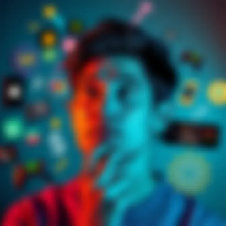 A person thinking about the balance of skill and luck in mobile applications, with gaming icons around them.