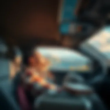 A traveler resting in a car parked in a scenic area of the USA, with luggage in the backseat and a clear sky above.