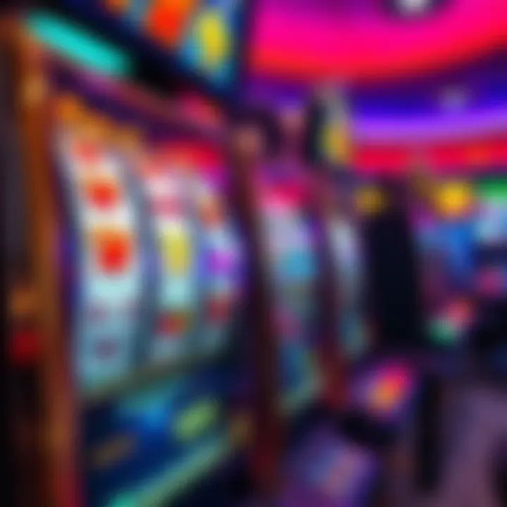 A colorful slot machine displaying spinning reels and bright lights in a casino setting