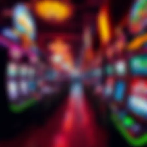 A view of colorful slot machines with lights in a busy casino, people playing and enjoying the games
