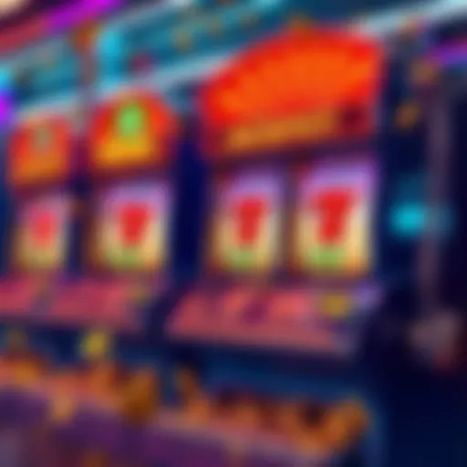 Colorful slot machines displaying jackpot symbols and coins falling around them, representing large wins.