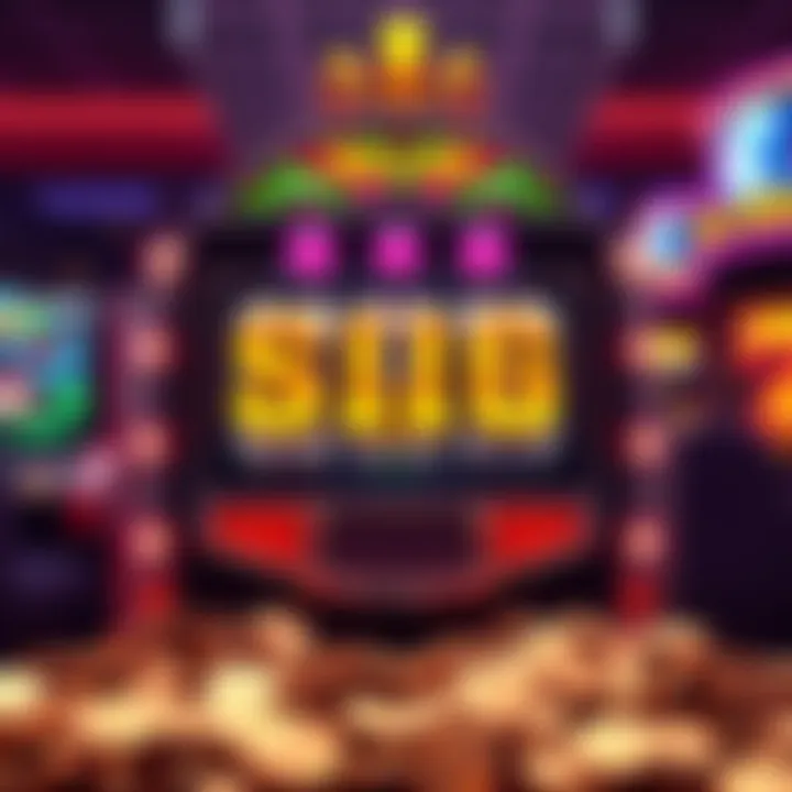 A slot machine showing a big win, with colorful lights and coins spilling out