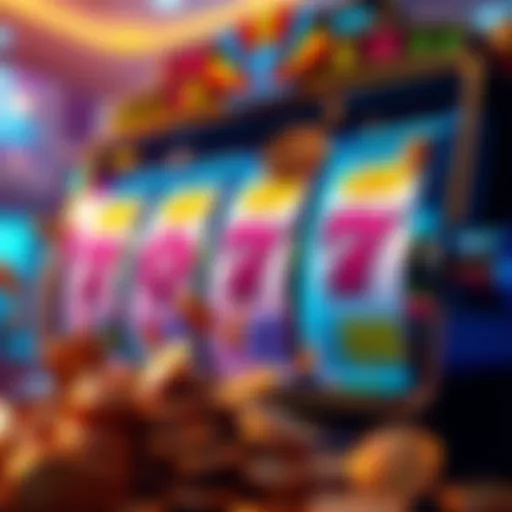 A colorful slot machine displaying large winnings and coins spilling out, symbolizing the excitement of big payouts in a game.