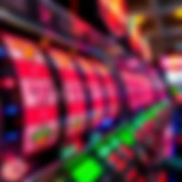 A close-up of a slot machine displaying bright, colorful reels and flashing lights, symbolizing the allure of gambling