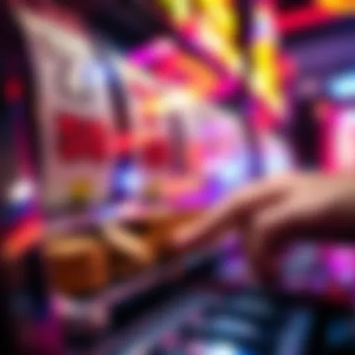 A close-up of a slot machine with coins and a person pressing the button to spin.
