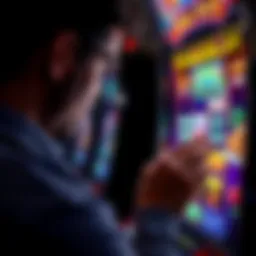 A person examining a slot machine with focus on the display showing RTP percentages and statistics, representing transparency in online gaming.
