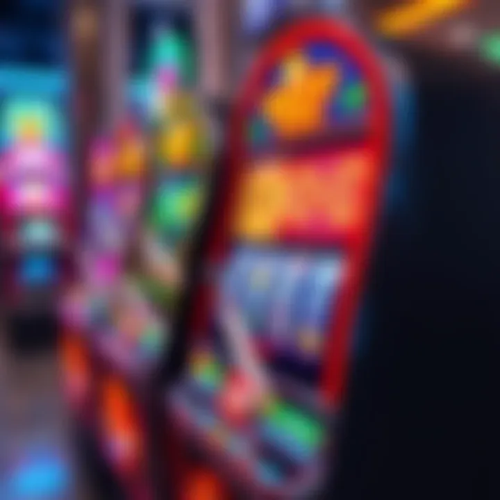 A colorful slot machine displayed for sale, showcasing its bright lights and spinning reels.