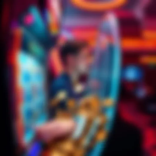 A person playing a slot machine, looking surprised as coins spill out, representing a gambling loss.