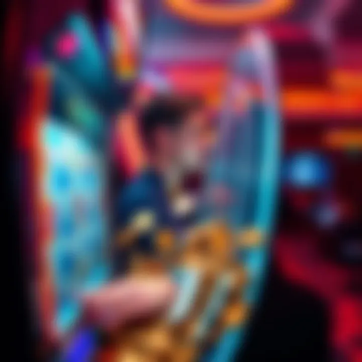 A person playing a slot machine, looking surprised as coins spill out, representing a gambling loss.