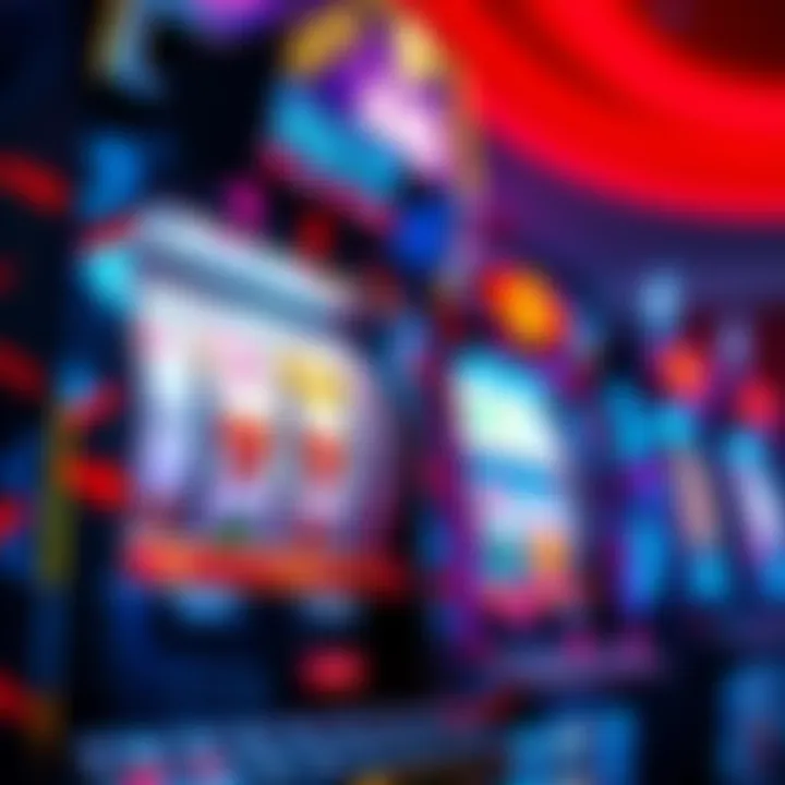 A colorful slot machine with flashing lights and various symbols, showing potential winning combinations