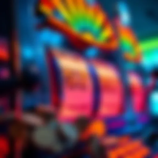 A close-up of a colorful slot machine displaying a jackpot win with coins spilling out.