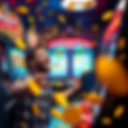 A person celebrating a big win at a slot machine with coins falling and joyful expressions