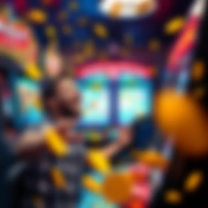 A person celebrating a big win at a slot machine with coins falling and joyful expressions