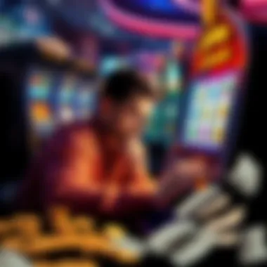 A person looking disappointed while playing a slot machine labeled Le Fisherman, with coins and bills scattered around