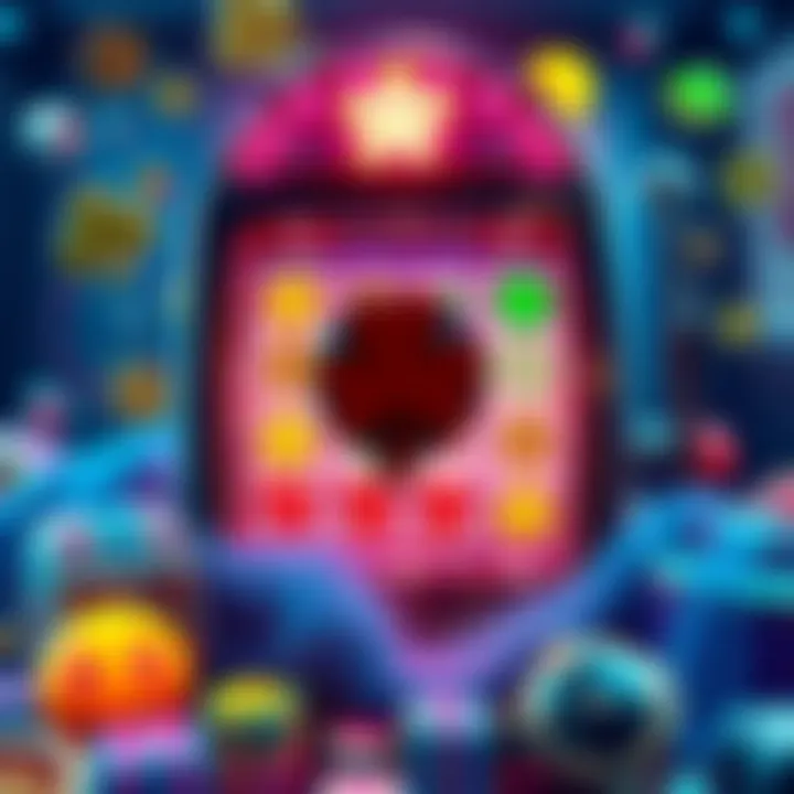 A colorful slot machine surrounded by various lucky charms and symbols, representing gambling superstition
