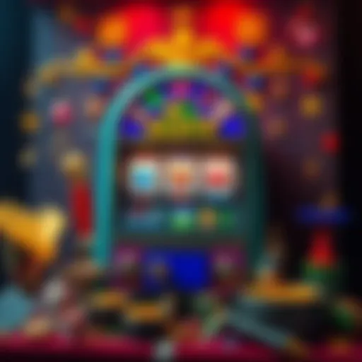 A colorful slot machine surrounded by various lucky charms and rituals that players believe bring good luck.