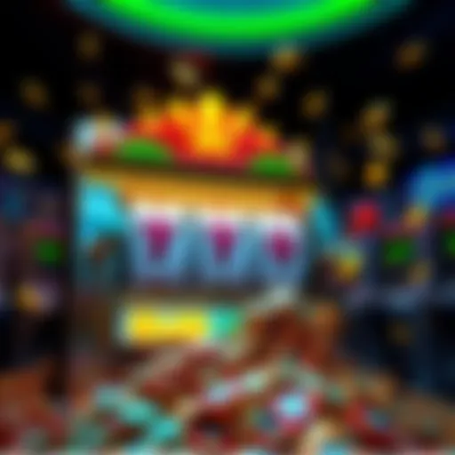 Colorful slot machine displaying various symbols and coins spilling out, representing big wins on Luckyland
