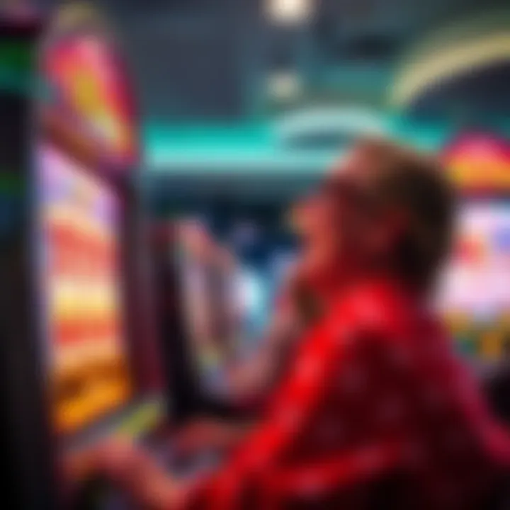 A player excitedly watching the slot machine display showing a big payout
