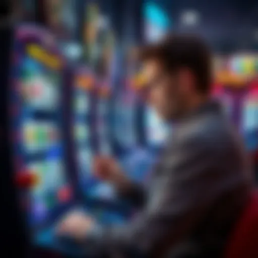 A player sitting at a slot machine, focused on the screen while holding a few coins, contemplating whether to continue playing or stop as their balance decreases.