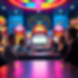 A group of people discussing at a table with a lit slot machine in the background, showcasing its colorful lights and reels.