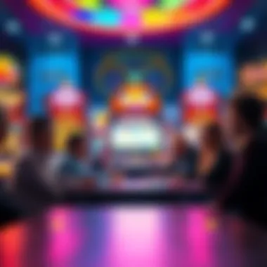 A group of people discussing at a table with a lit slot machine in the background, showcasing its colorful lights and reels.