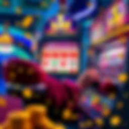 Slot machine with small jackpots A player interacting with a colorful slot machine, showing small jackpot wins on the screen, surrounded by coins and bright lights.