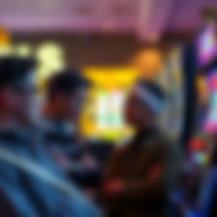 A group of people discussing tips for slot machines, looking concerned about their gambling choices, with a slot machine in the background