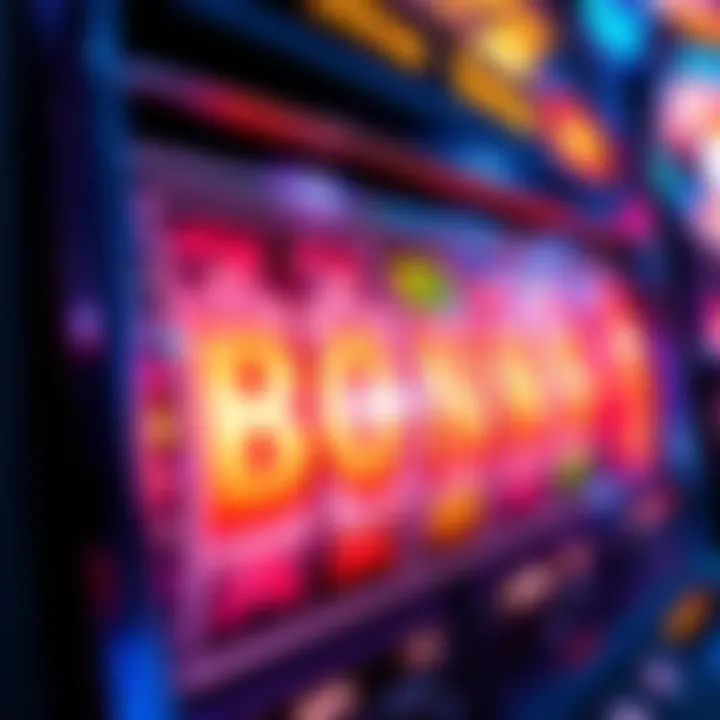 Slot machine bonus round A close-up view of a colorful slot machine screen showing a bonus round activation with spinning reels and bright lights