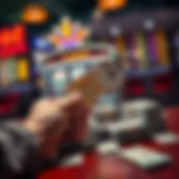 Slots and Cash A person holding a winning slot machine ticket with stacks of cash on the table