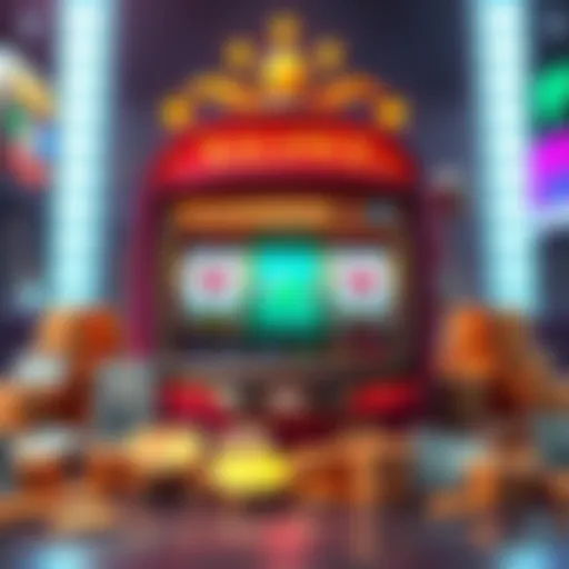 A colorful slot machine with coins and bills around it, symbolizing a $20 balance with winning possibilities.