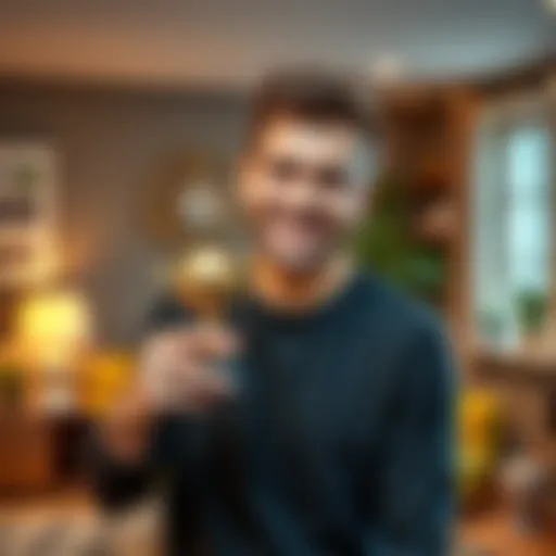 A person smiling while holding a small trophy in a cozy living room, symbolizing personal success