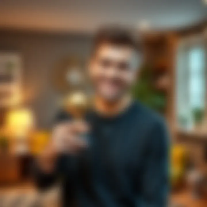 A person smiling while holding a small trophy in a cozy living room, symbolizing personal success