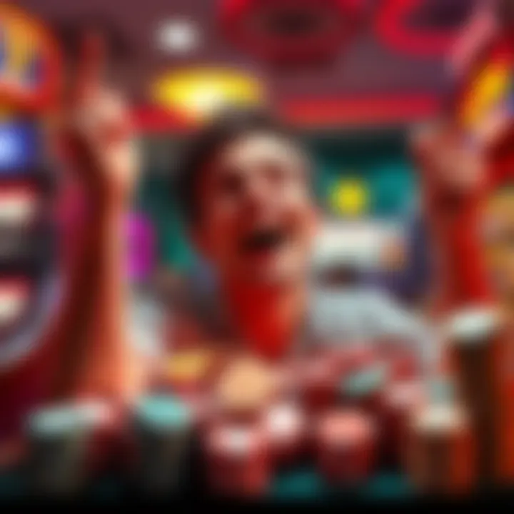 A person celebrating a small gambling win with a smile, surrounded by casino chips and a slot machine.