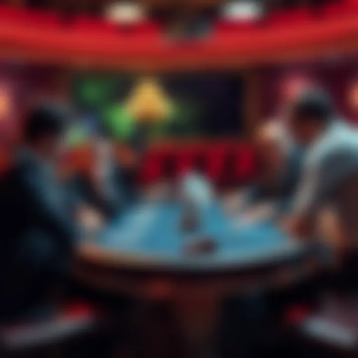 A poker table with players contemplating small bets on the flop, showcasing a strategic discussion