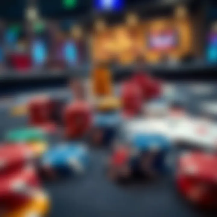 A close-up of a poker table with colorful chips and cards, showcasing small bets being placed.