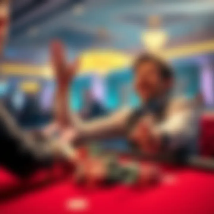 A player celebrating small bonus wins while gambling at a casino table with colorful chips.