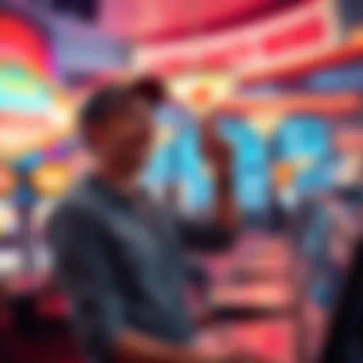 A player celebrating a small jackpot win at a Las Vegas casino, with bright lights and slot machines in the background.