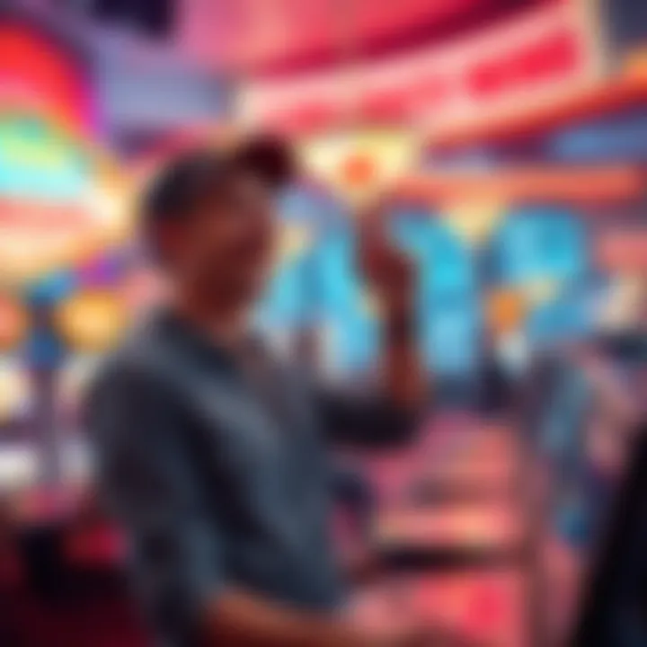 A player celebrating a small jackpot win at a Las Vegas casino, with bright lights and slot machines in the background.