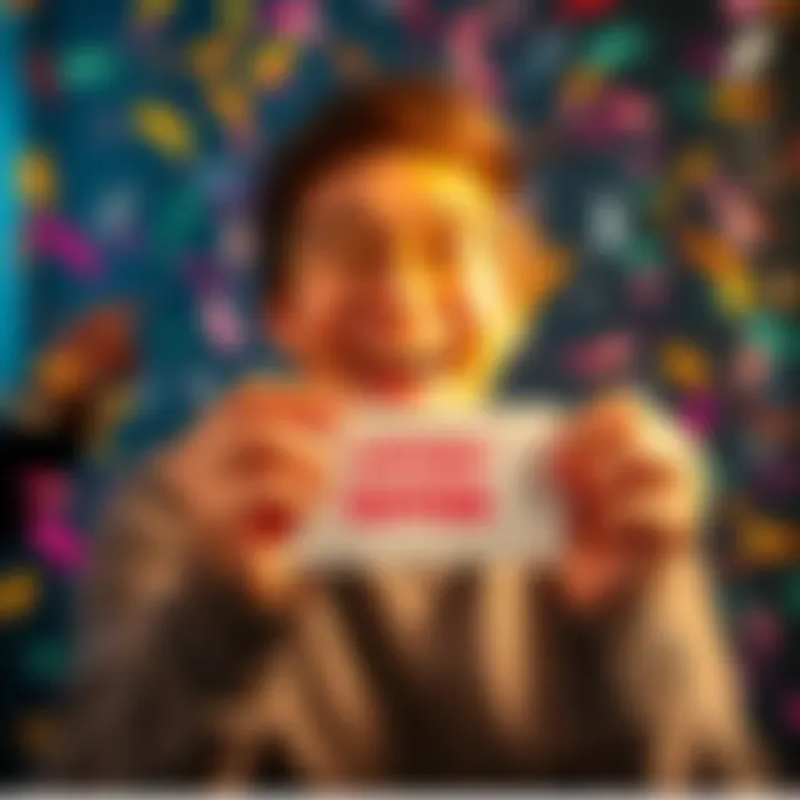 A person joyfully holding a winning lottery ticket and smiling, surrounded by colorful confetti