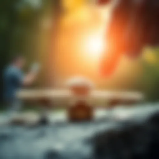 A close-up view of a person placing a small stone on a balance scale, symbolizing how minor actions contribute to financial stability.