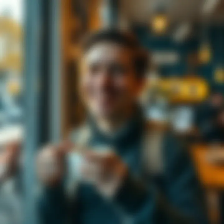 A person celebrating a small achievement, smiling with a coffee cup in hand