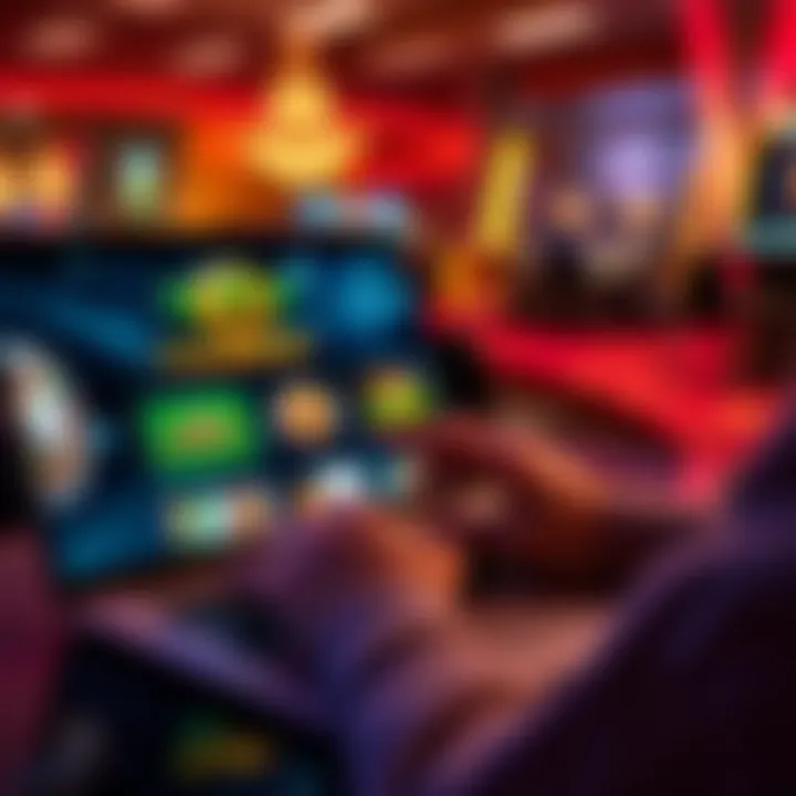 A person playing casino games on a laptop with different smaller casino logos on the screen.