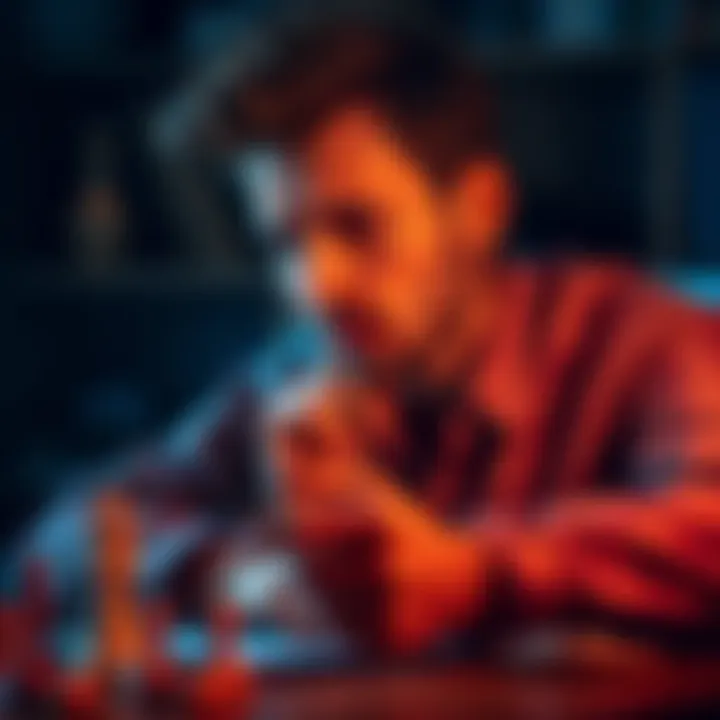 A person contemplating game strategies with a focused expression, surrounded by game pieces and a notepad, highlighting small wins through clever decisions.