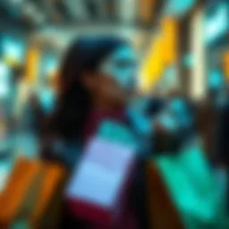 A person thinking about smart purchases with shopping bags and money in hand.