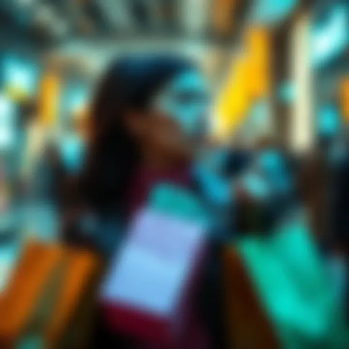 A person thinking about smart purchases with shopping bags and money in hand.