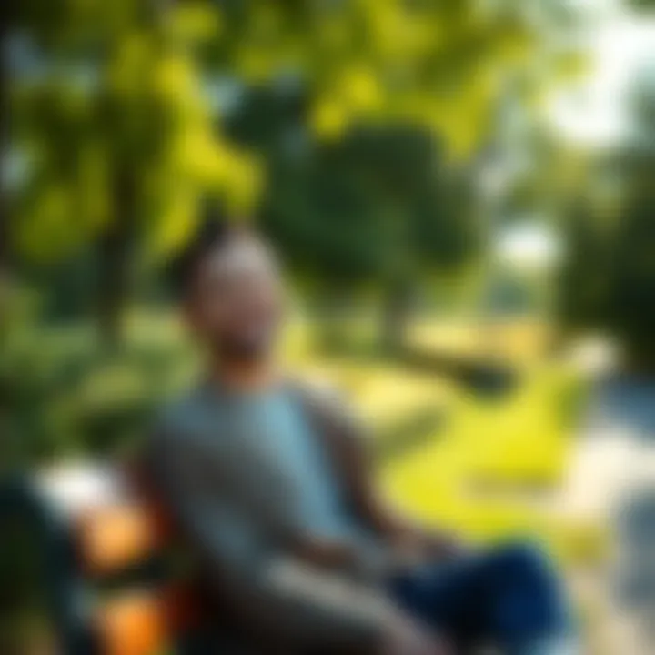 A happy person smiling while sitting on a bench in a sunny park, surrounded by greenery.
