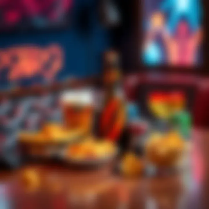 A table set with snacks and drinks for a game night including cheese crackers, beer, chips, and energy drinks